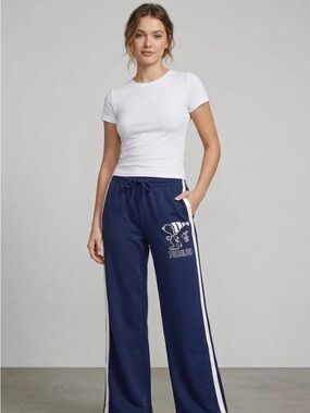Peanuts Navy Wide-Leg Track Pants with White Side Stripes